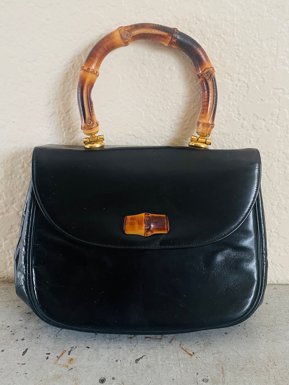Vintage Pappagallo Black Leather Top Handle Bamboo Handbag